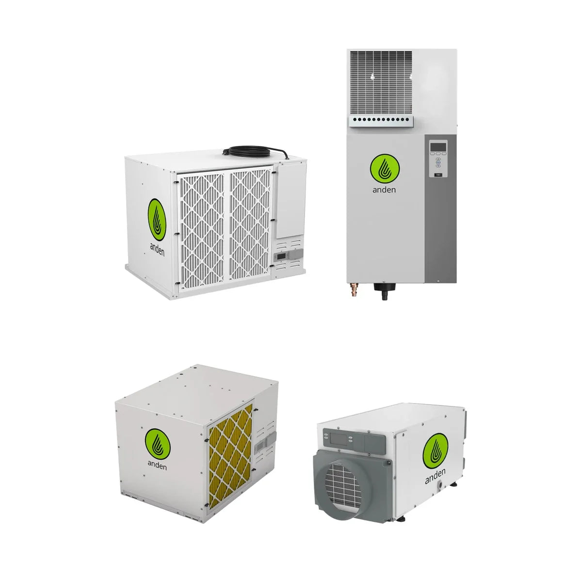 Anden dehumidifier range: DHA710V1 industrial dehumidifier, AS150 steam humidifier, A320V1 and A70 dehumidifiers