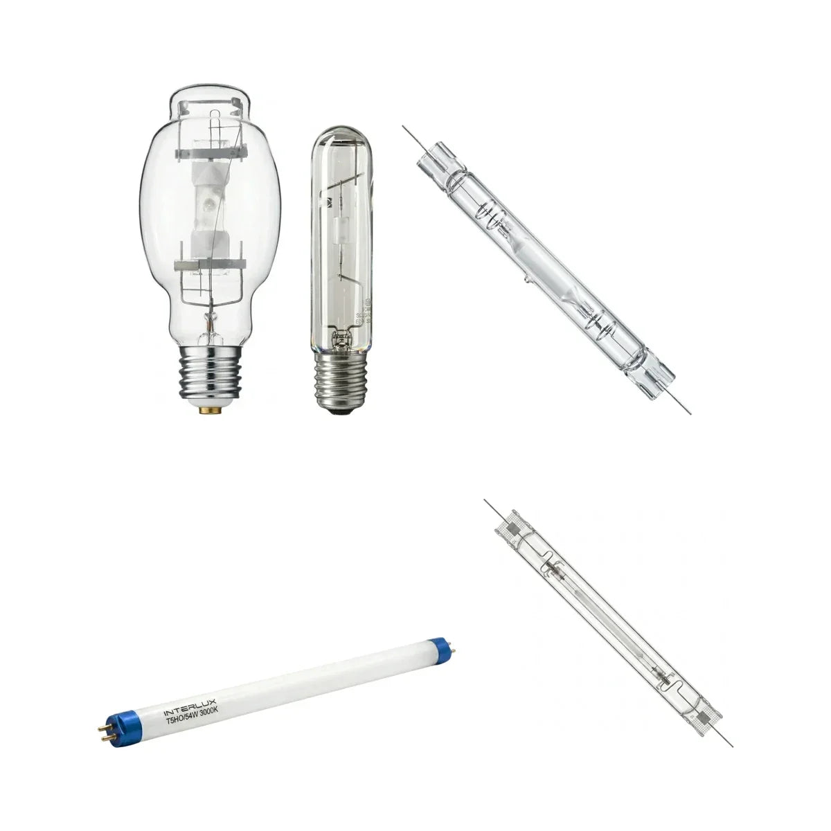 Metal halide grow light bulbs: Eye Hortilux 250W MH, SunPulse 150W CMH, Ushio 600W DE MH, Interlux T5, Iluminar DE HPS