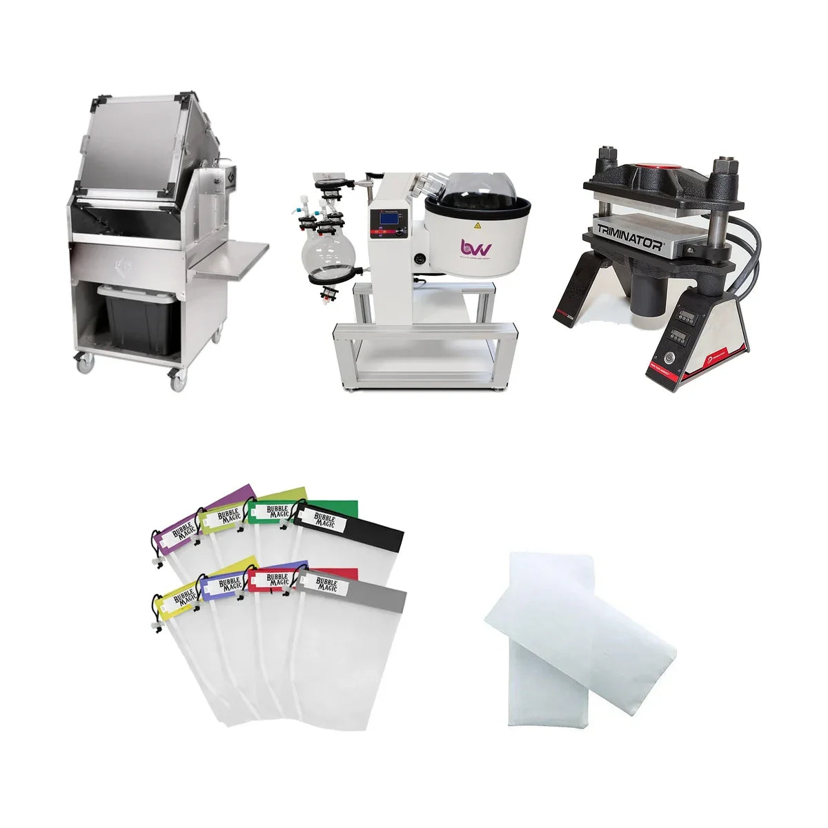 Extraction equipment: GreenBroz Alchemist dry sifter, BVV 20 L rotovap, Triminator TRP press, Bubble Magic and rosin bags
