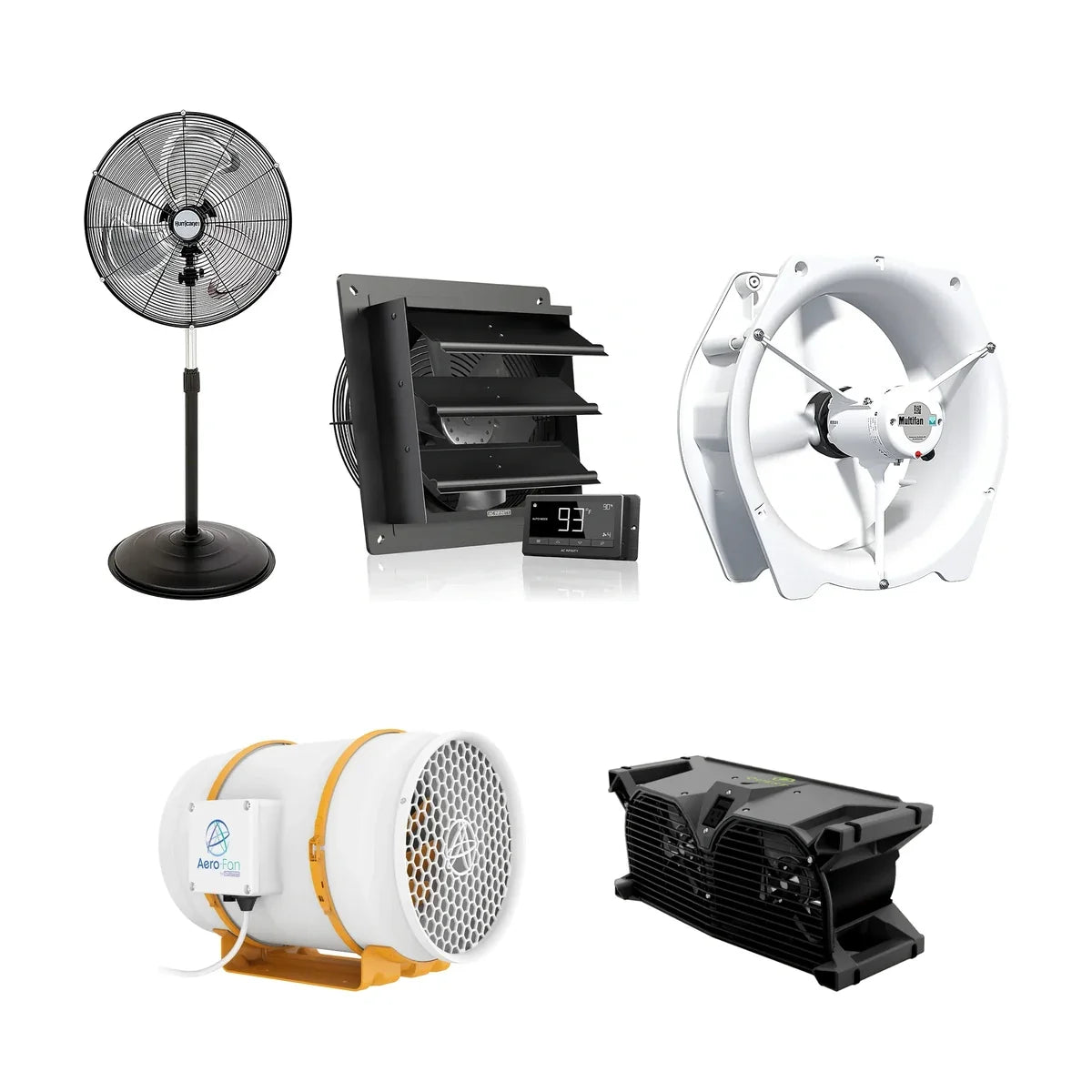 Air movement equipment: Hurricane Pro stand fan, AC Infinity AIRLIFT, Vostermans HAF, Aero-Fan inline fan and Quest F10