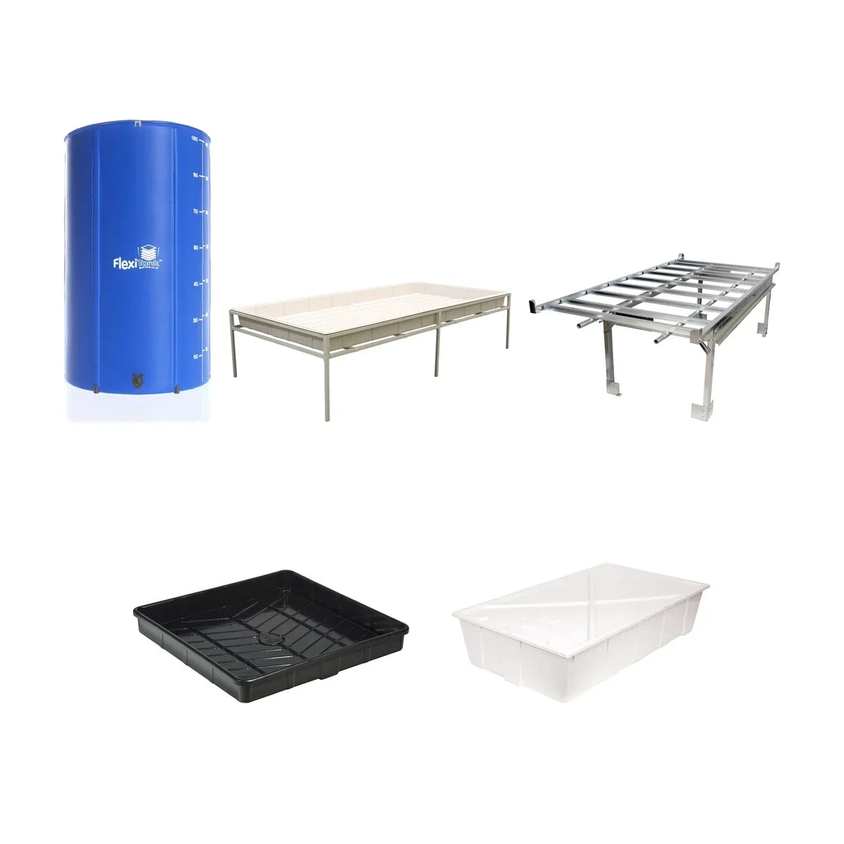 Greenhouse flood trays: AutoPot FlexiTank, Fast Fit tray stand, Active Aqua rolling bench, Botanicare OD tray and reservoir