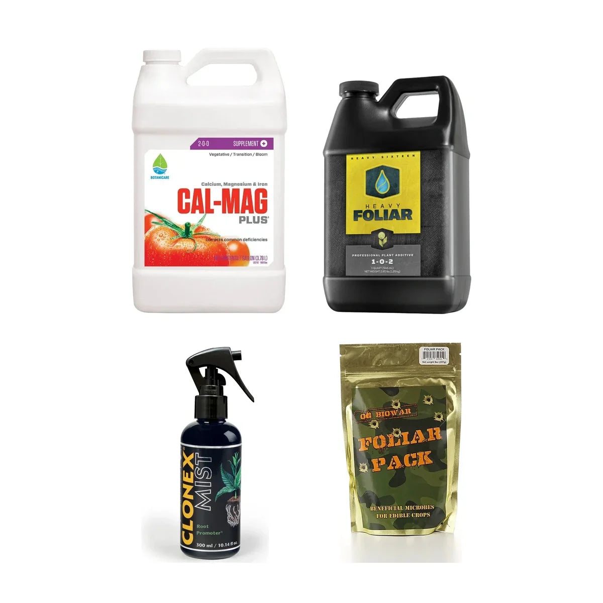 Foliar fertilizer products: Botanicare Cal-Mag Plus, Heavy 16 Foliar, Clonex Mist and OG Biowar Foliar Pack