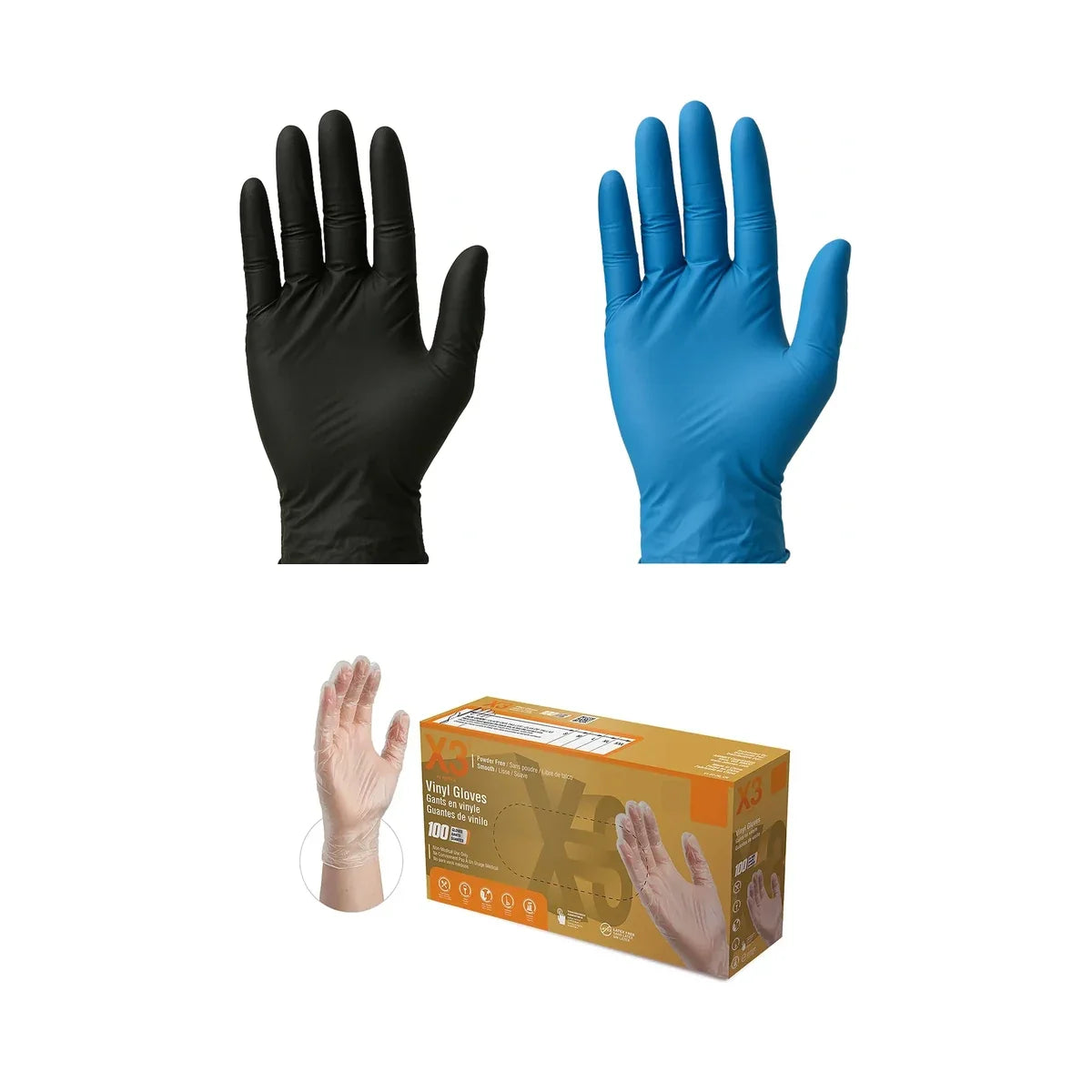 Nitrile gloves for growers: Common Culture black 5 mil and blue 4 mil nitrile gloves and clear vinyl gloves