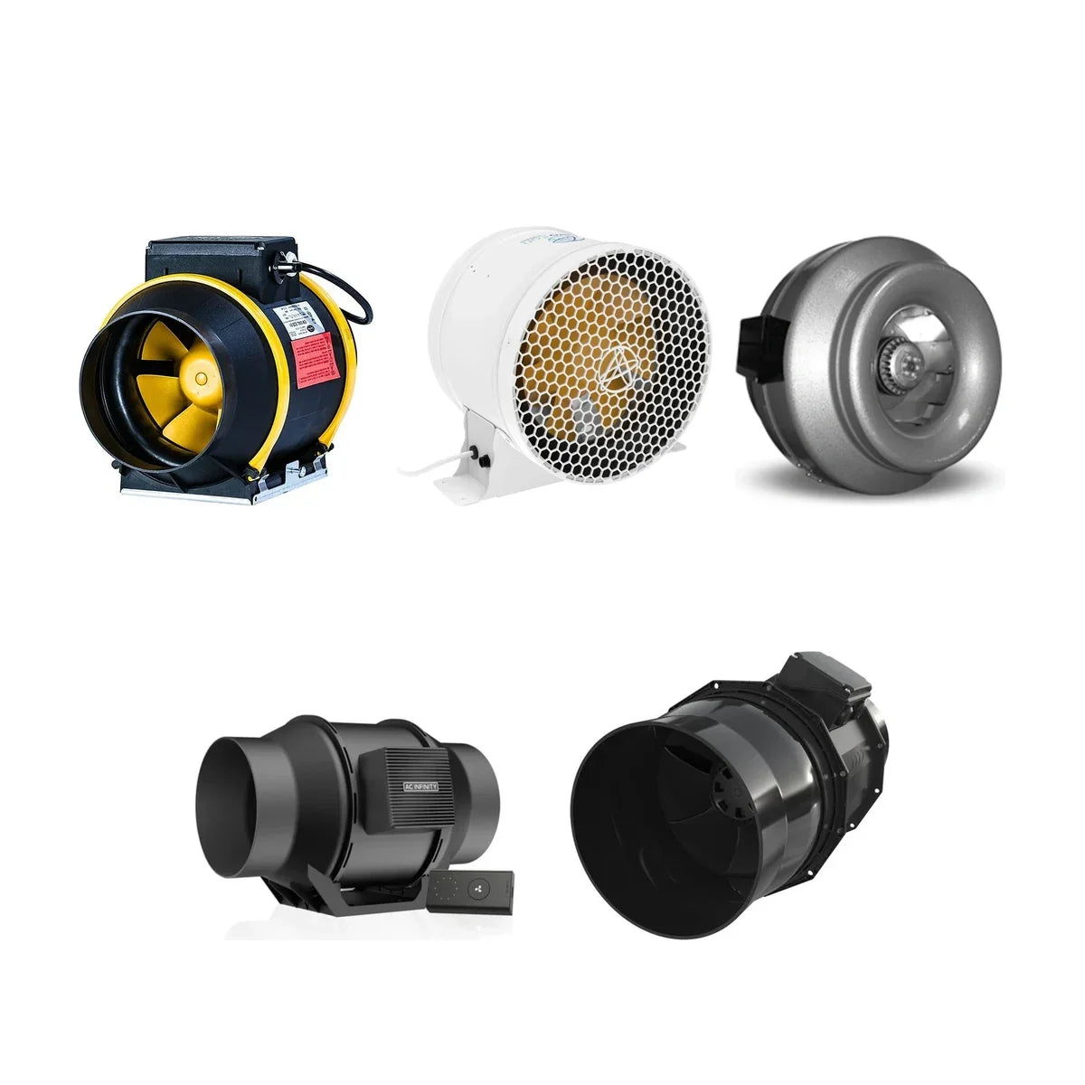 Inline fans: Can-Fan Max Fan Pro, ThinkGrow Aero-Fan, Vortex VTX, AC Infinity CLOUDLINE LITE and Fantech Stratos