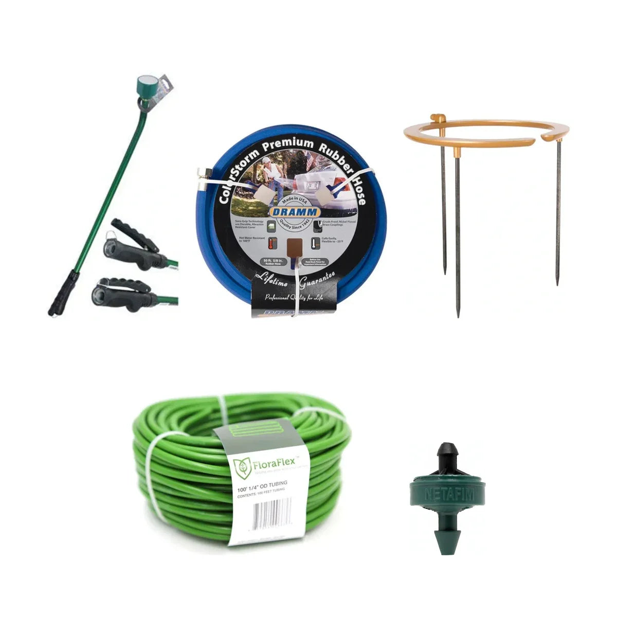 Irrigation supplies: Dramm Touch N Flow wand, ColorStorm hose, Hydro Halo ring, FloraFlex tubing and Netafim dripper