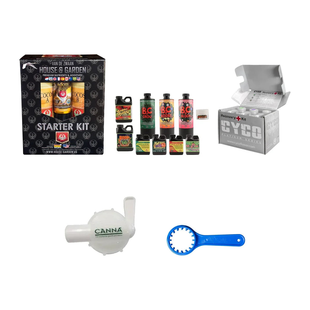 Nutrient kits: House & Garden Cocos kit, Technaflora Recipe for Success, Cyco Recovery Kit, CANNA spigot, wrench