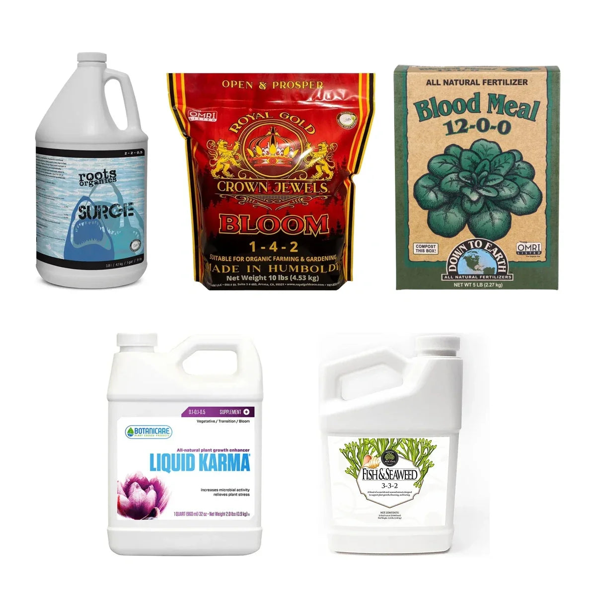 Organic bloom nutrients: Roots Organics Surge, Crown Jewels Bloom, Blood Meal, Liquid Karma and Age Old Fish and Seaweed