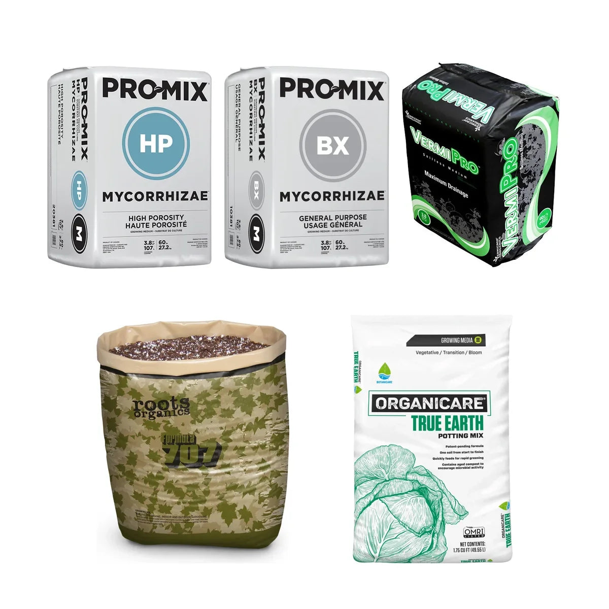 Peat based potting soil: Pro-Mix HP, Pro-Mix BX, VermiPro, Roots Organics 707 and Botanicare True Earth