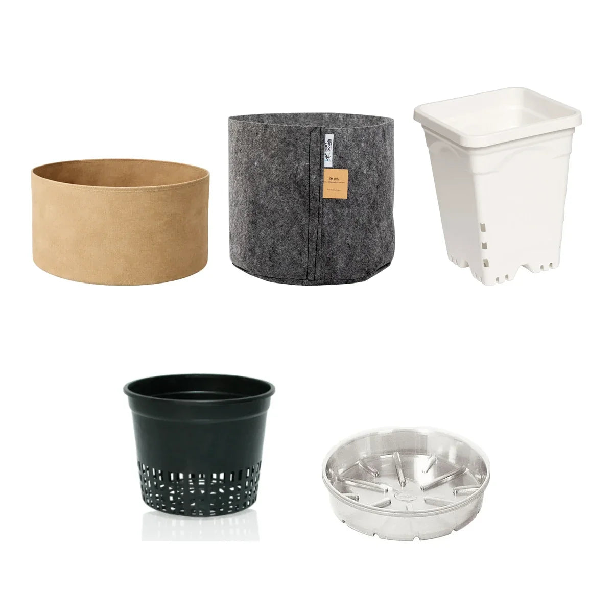 Plant pots and saucers: Common Culture tan fabric pot, Root Pouch, Hydrofarm square pot, net cup and Bond clear saucer