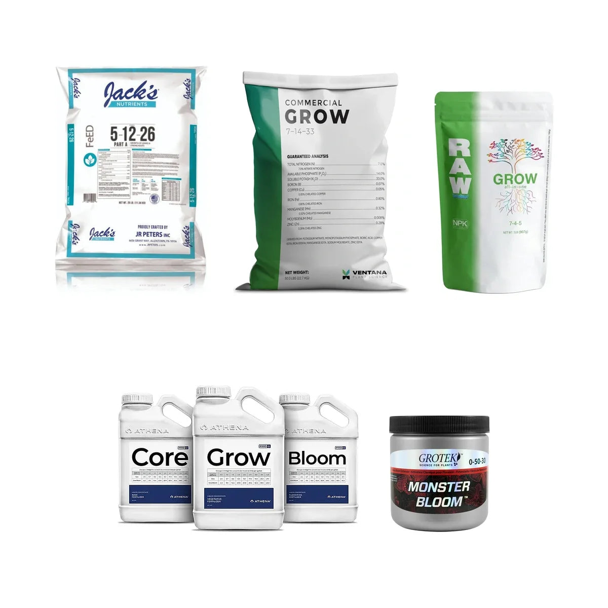 Water soluble fertilizer: Jack's 5-12-26, Ventana Commercial Grow, RAW Grow, Athena Pro line and Grotek Monster Bloom