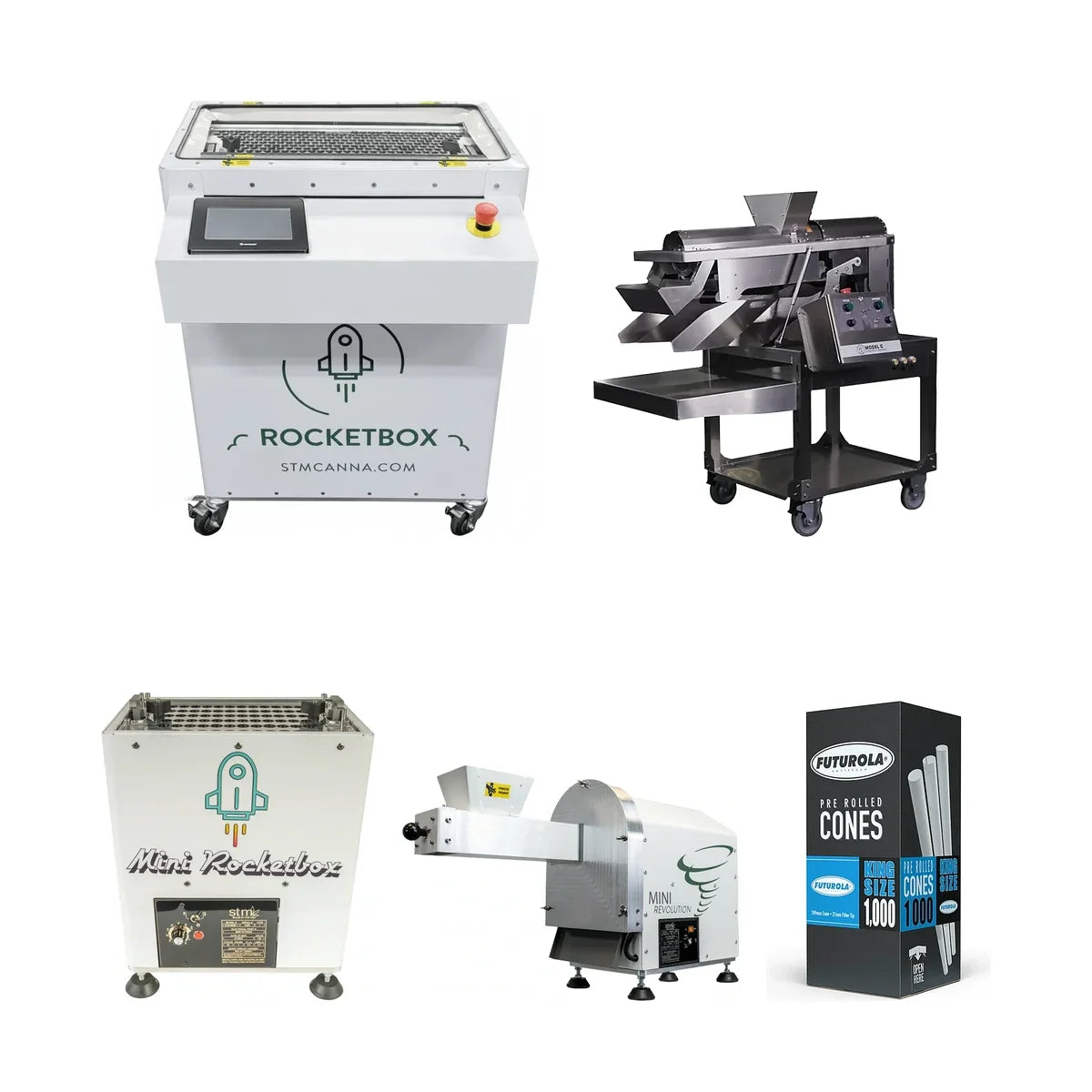 Pre roll machine lineup: STM RocketBox 2.0, GreenBroz Model G, Mini-RocketBox, Mini-Revolution and Futurola cones