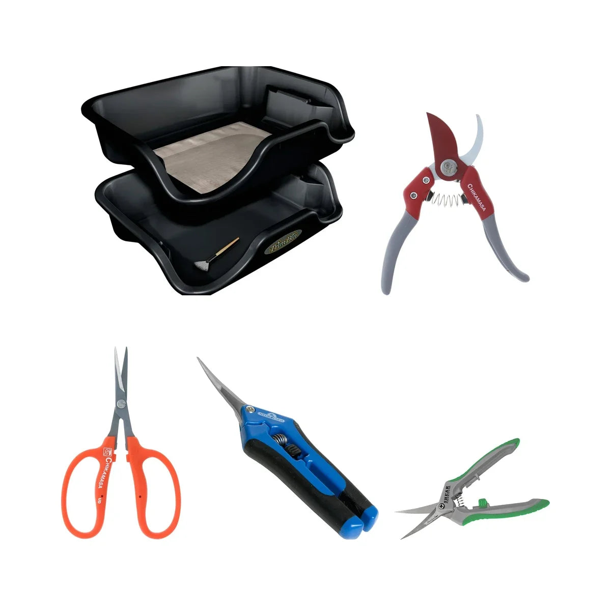 Trim tray and tools: Harvest More Trim Bin, Chikamasa scissors and bypass pruner, Hydrofarm and Shear Perfection pruners