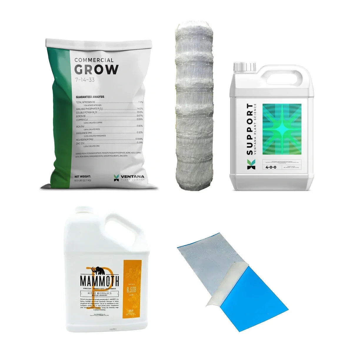 Hydroponic supplies subscription: Ventana Grow and Support, Common Culture netting, Mammoth P, blue sticky trap