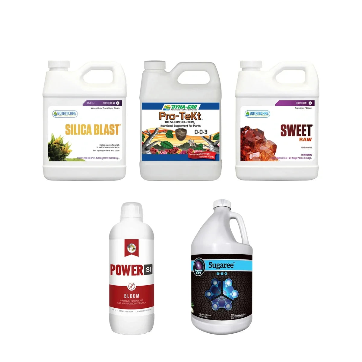 Silica additive and plant sweeteners: Botanicare Silica Blast, Dyna-Gro Pro-TeKt, Sweet Carbo Raw, PowerSi Bloom, Sugaree