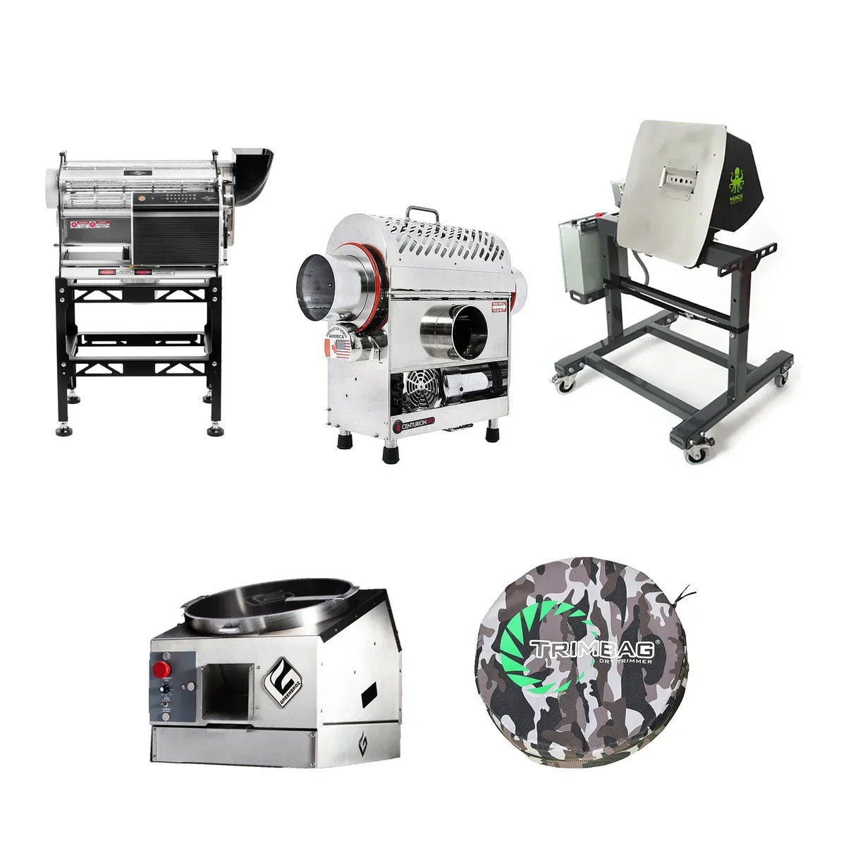 Bucker trimmer equipment: Twister T4, CenturionPro TableTop SS, Mother Bucker, GreenBroz M Lite and Trimbag