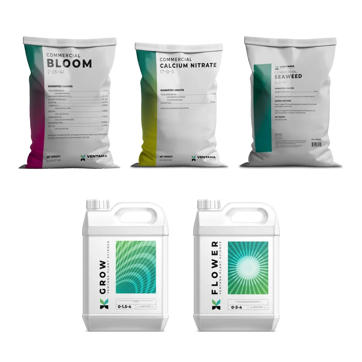 Ventana Plant Science nutrients: Commercial Bloom, Calcium Nitrate and Seaweed bags with Grow and Flower liquid jugs