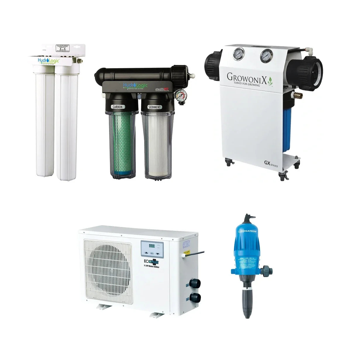 Hydroponic water filtration: HydroLogic Tall Boy and Stealth RO, GrowoniX GX1000, EcoPlus chiller and Dosatron doser