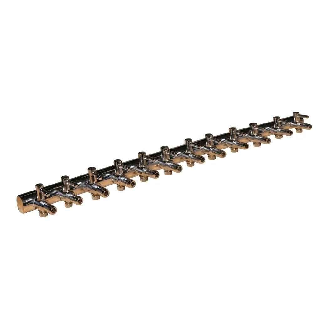 12 outlet copper air divider manifold with individual valve controls for airline tubing