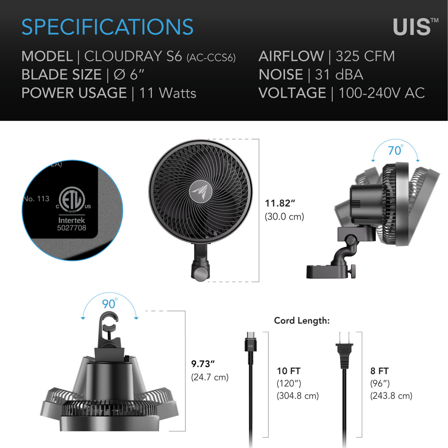 AC INFINITY CLOUDRAY S6 specifications