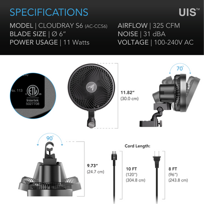 AC INFINITY CLOUDRAY S6 specifications