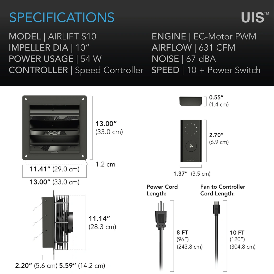 AC Infinity AIRLIFT S-Series 10in specifications