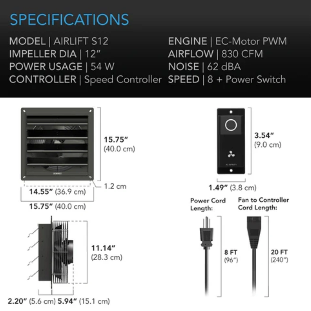 AC Infinity AIRLIFT S-Series 12in specifications