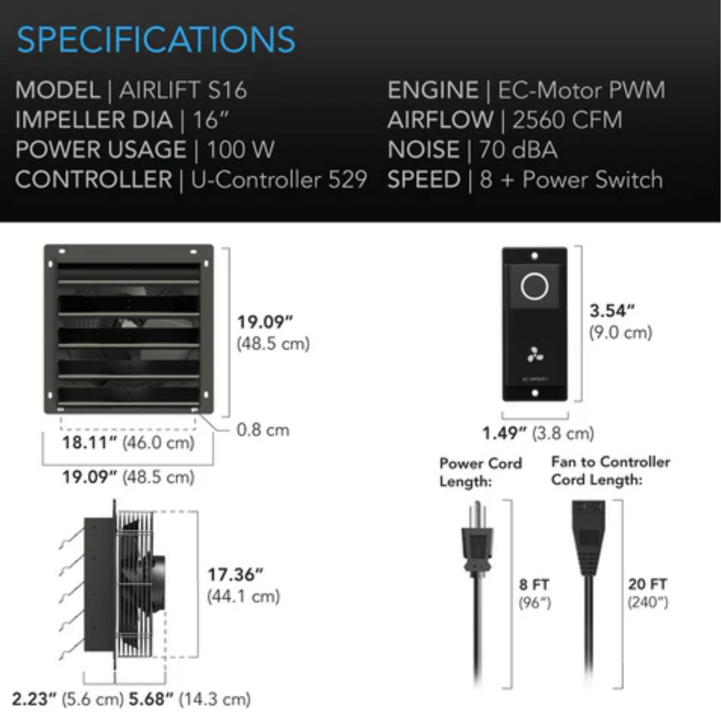 AC Infinity AIRLIFT S-Series 16in specifications
