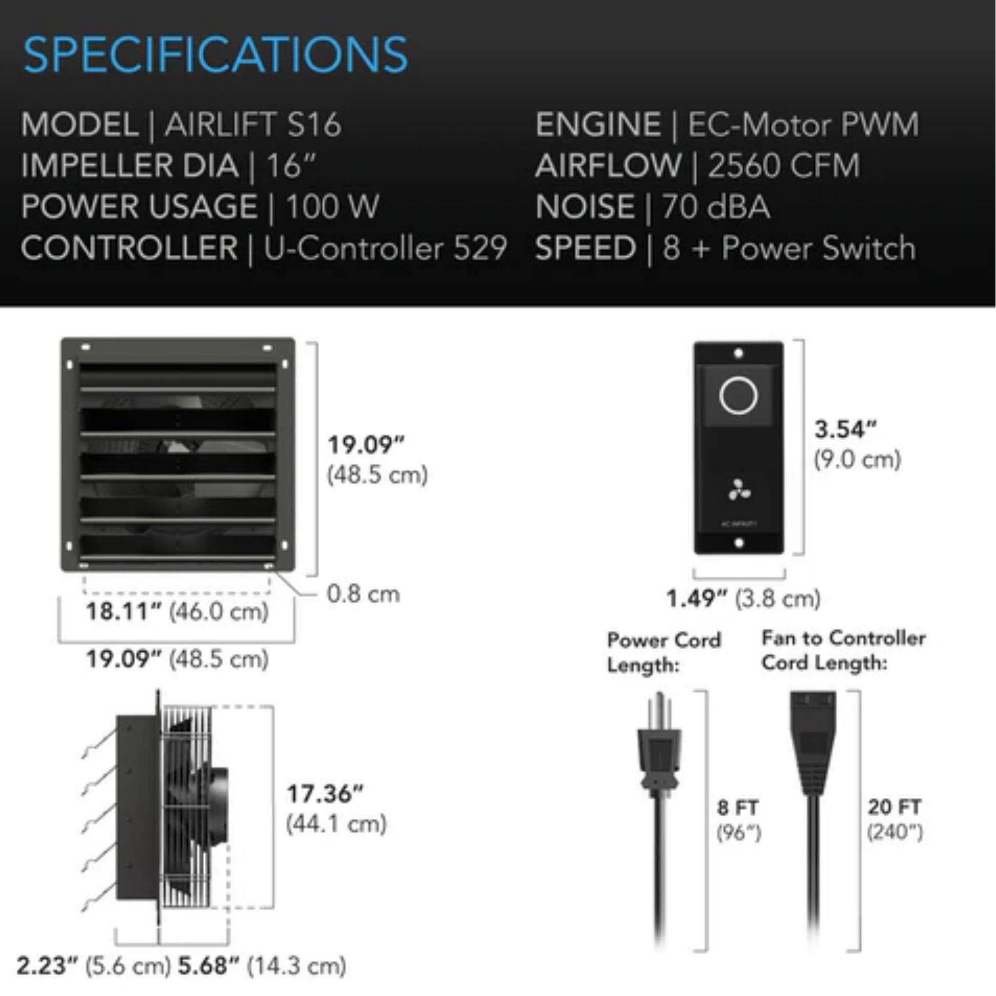 AC Infinity AIRLIFT S-Series 16in specifications