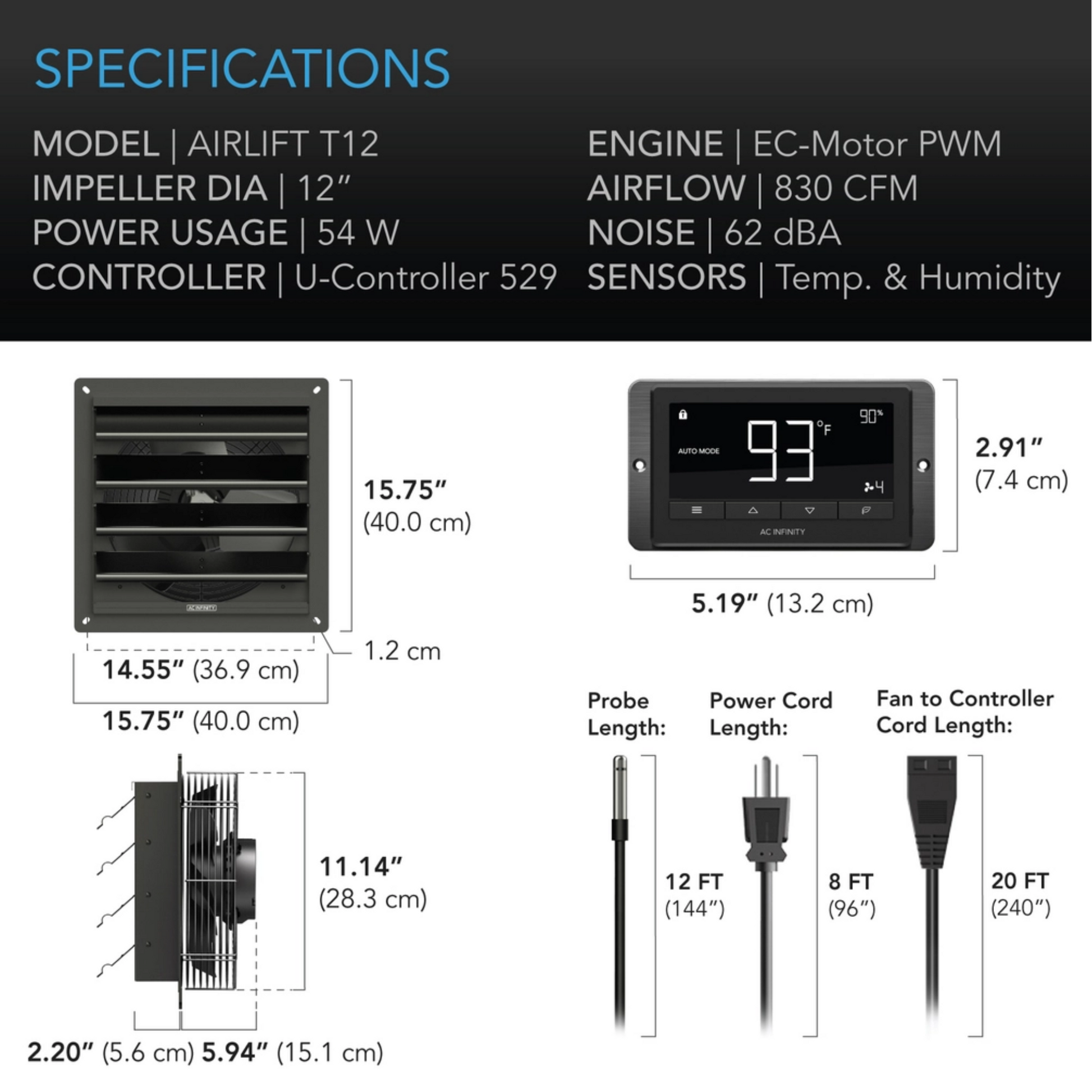 AC Infinity AIRLIFT T-Series 12in specifications