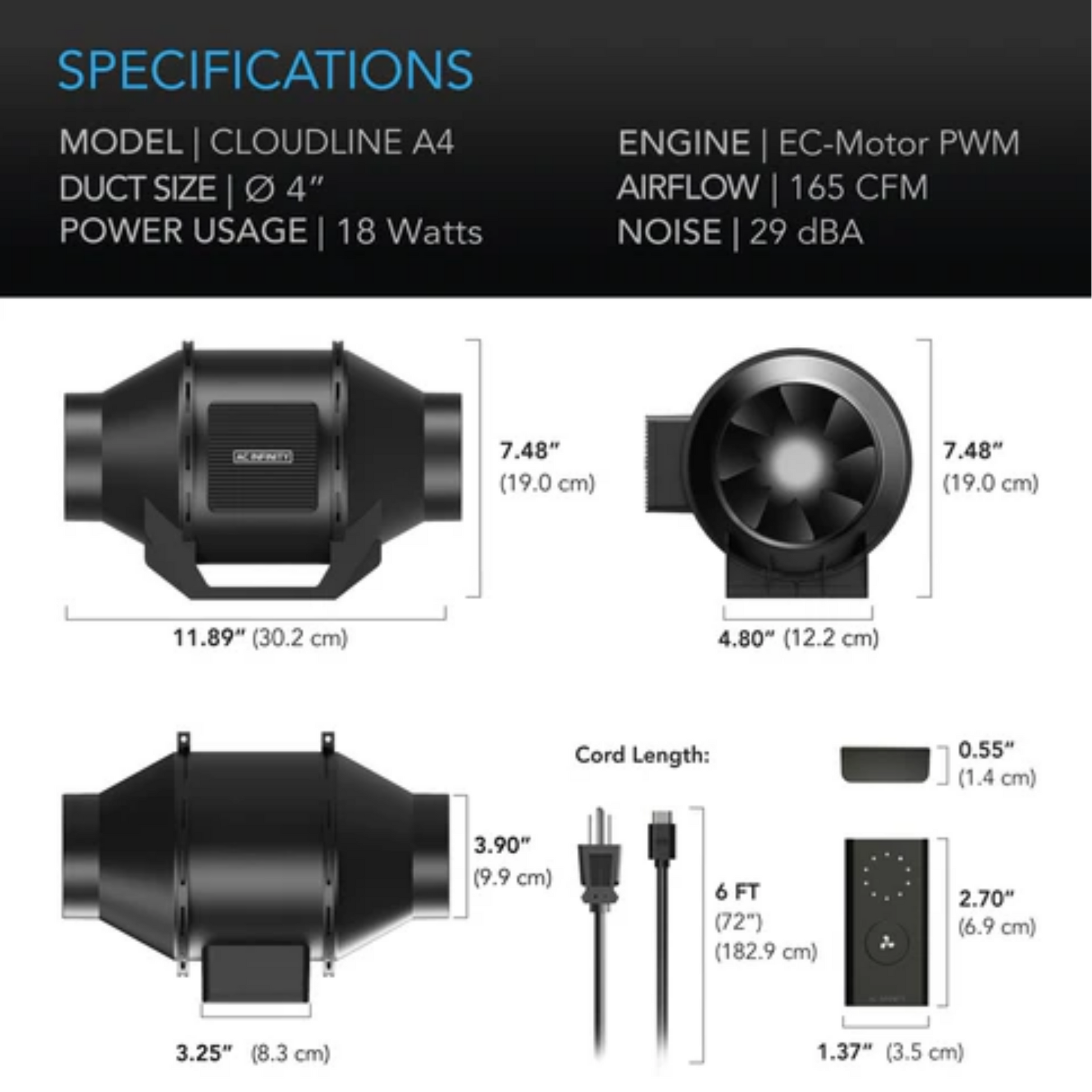 AC Infinity CLOUDLINE LITE 4in specifications