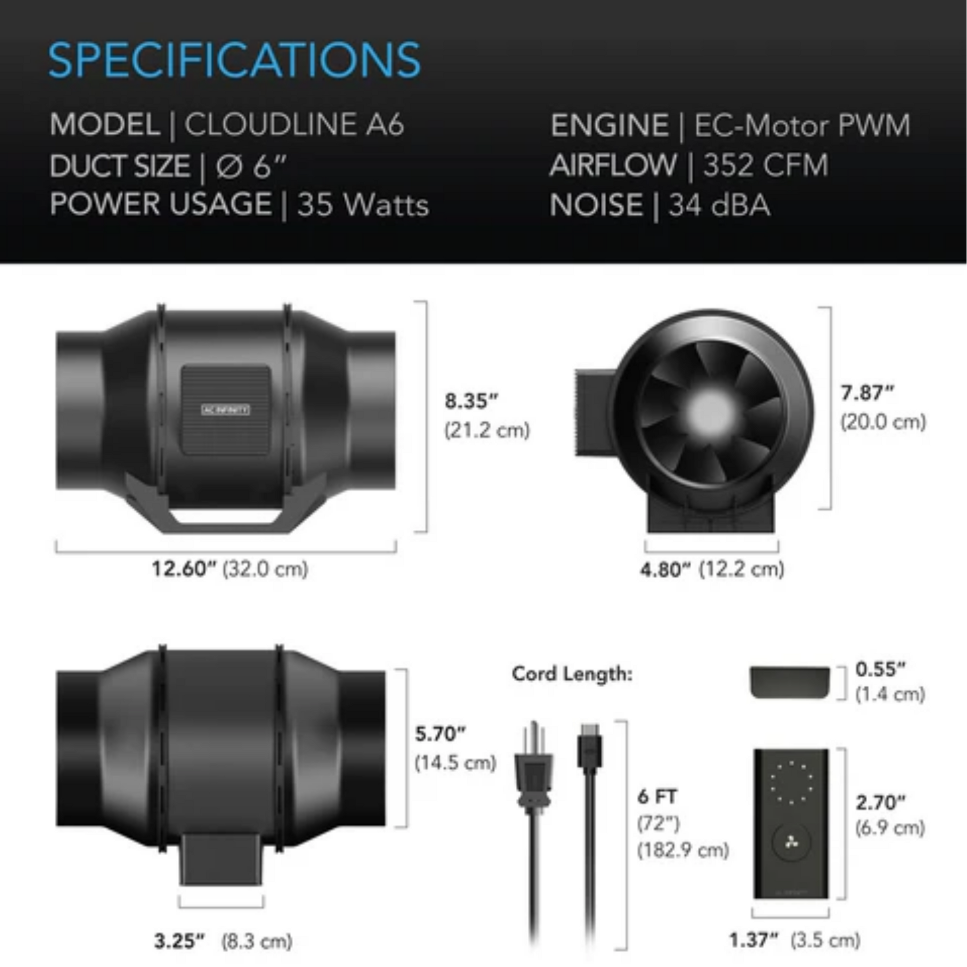 AC Infinity CLOUDLINE LITE 6in specifications