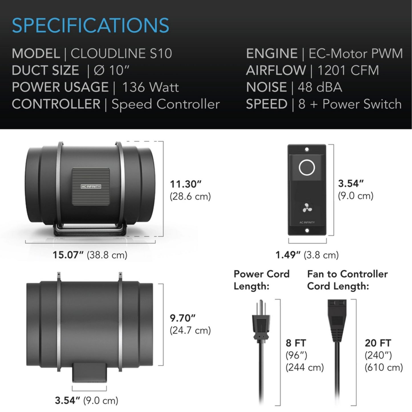 AC Infinity CLOUDLINE S-Series 10in specifications