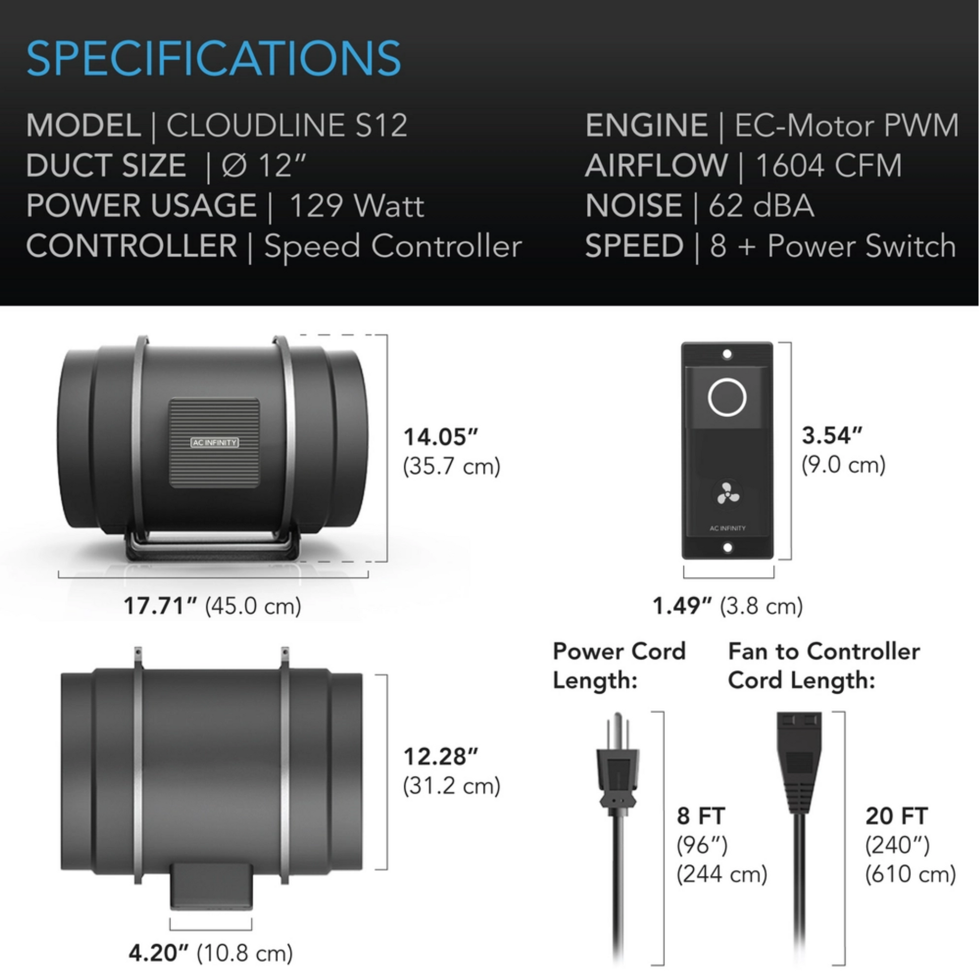 AC Infinity CLOUDLINE S-Series 12in specifications