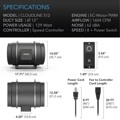 AC Infinity CLOUDLINE S-Series 12in specifications