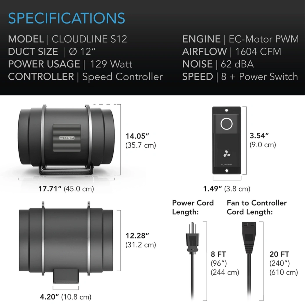 AC Infinity CLOUDLINE S-Series 12in specifications
