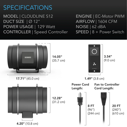 AC Infinity CLOUDLINE S-Series 12in specifications