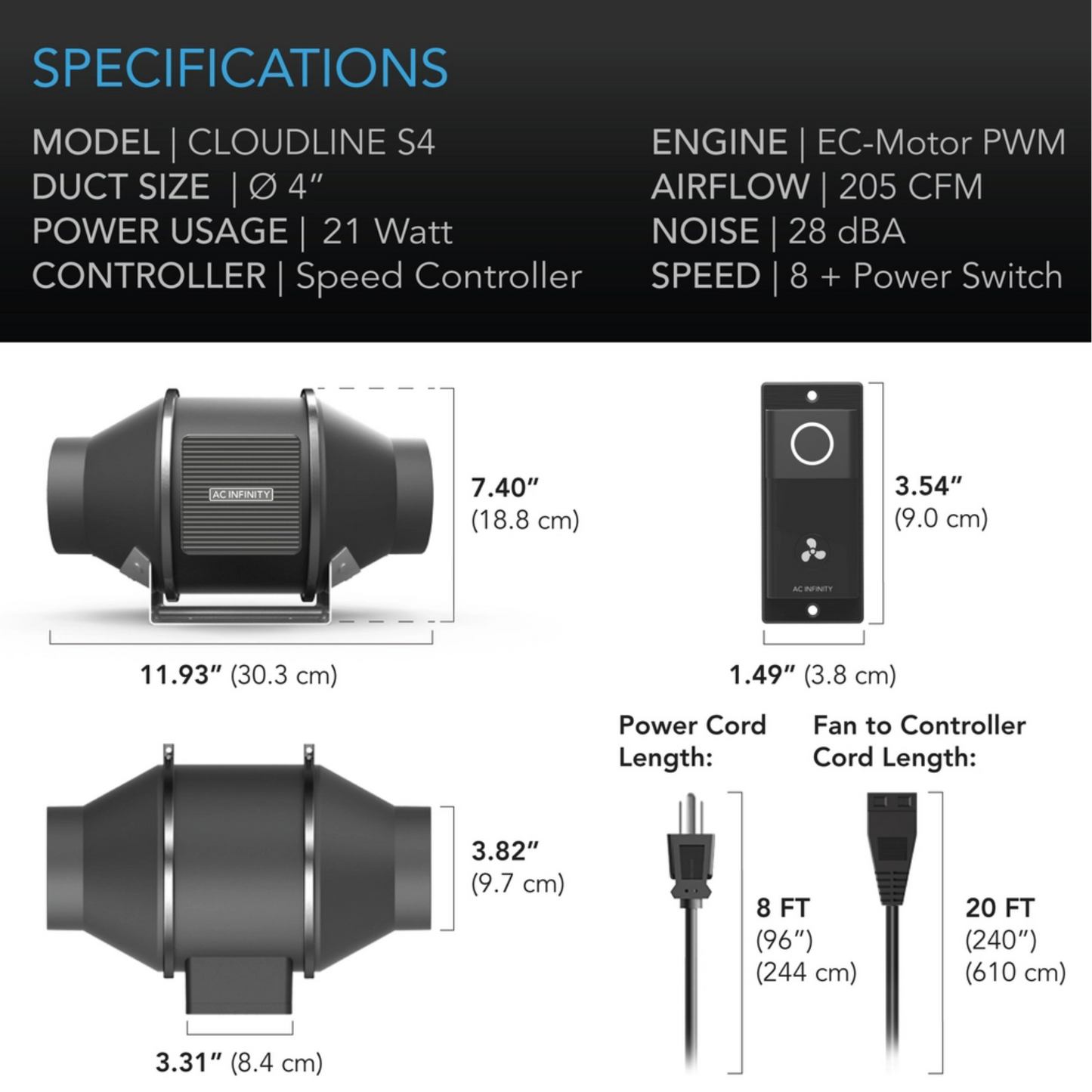 AC Infinity CLOUDLINE S-Series 4in specifications