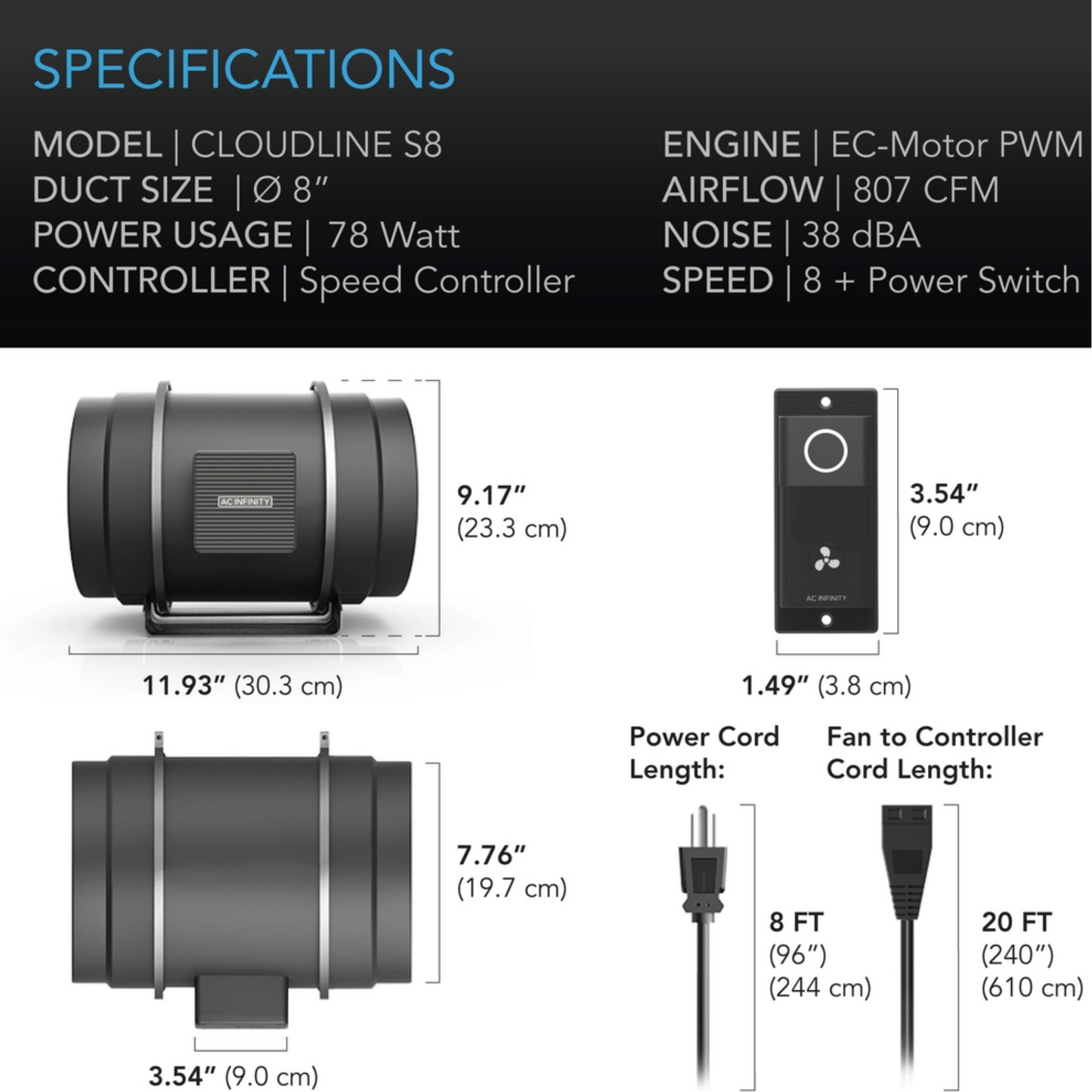 AC Infinity CLOUDLINE S-Series 8in specifications