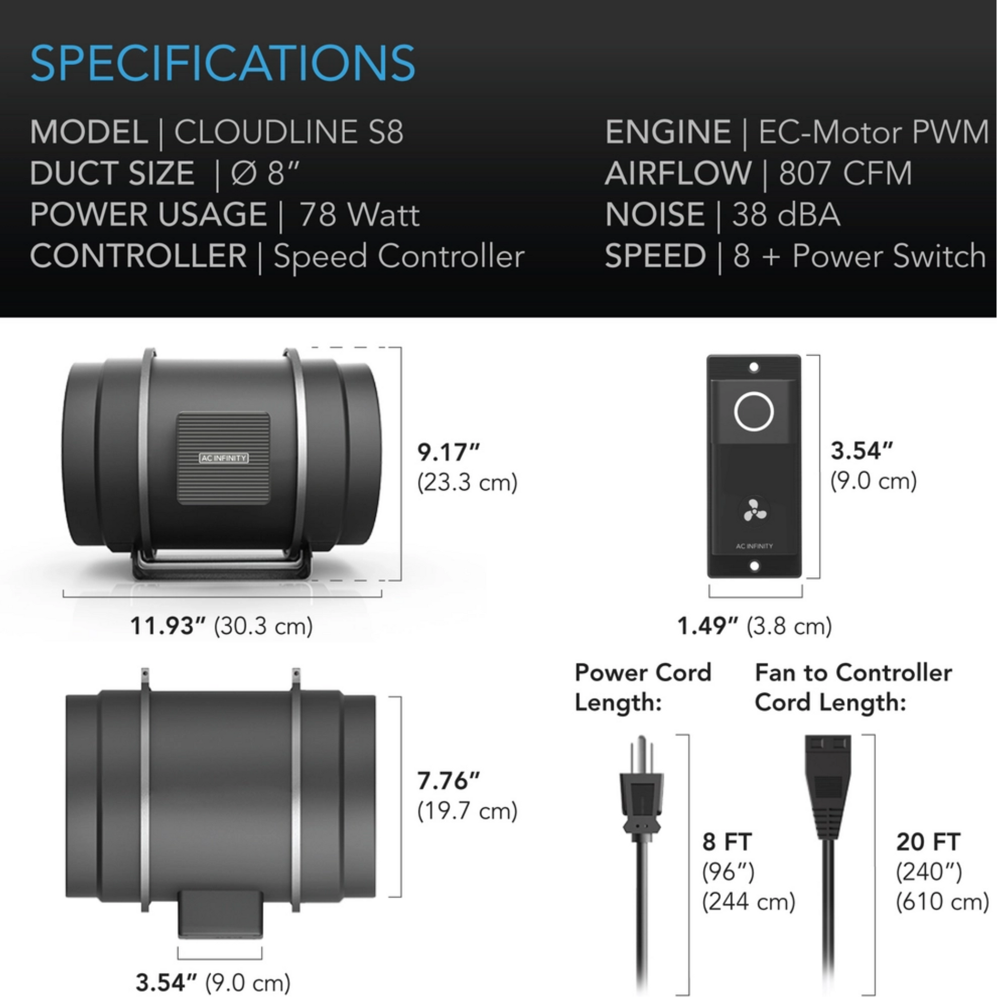 AC Infinity CLOUDLINE S-Series 8in specifications