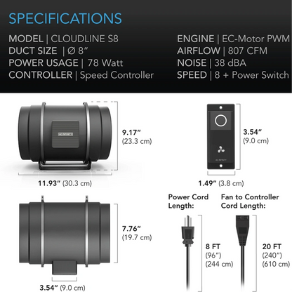 AC Infinity CLOUDLINE S-Series 8in specifications