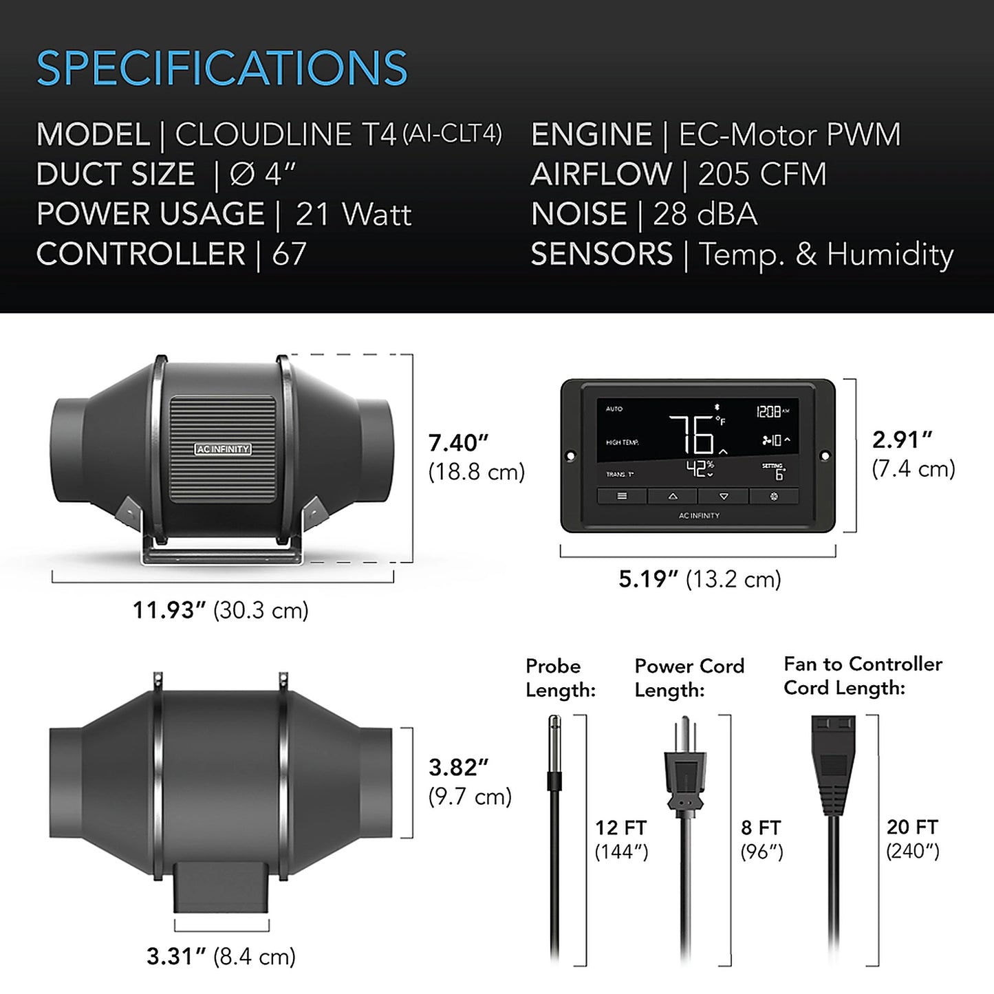 AC Infinity CLOUDLINE T-Series 4in specs