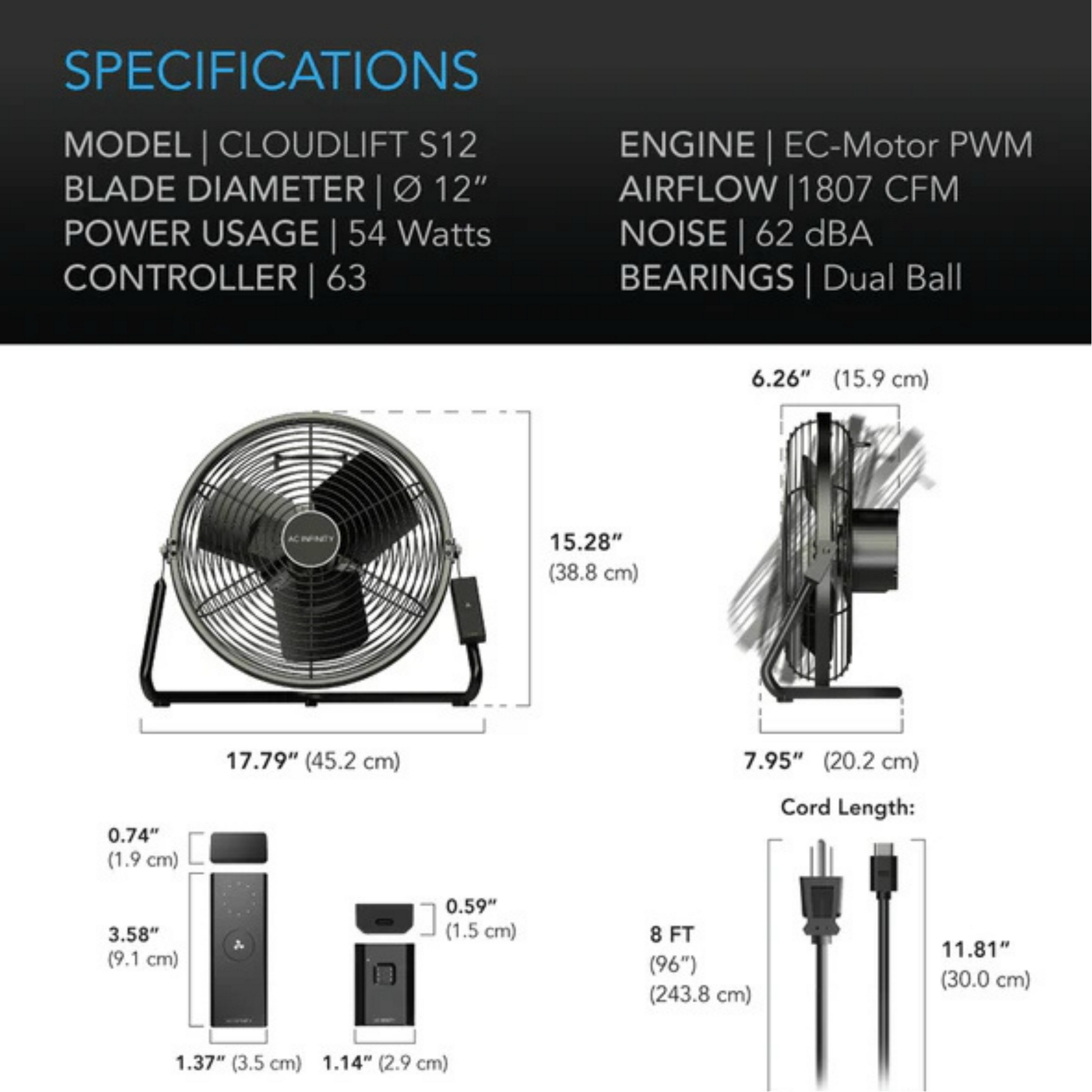 AC Infinity Cloudlift S-Series S-12 Fan specifications