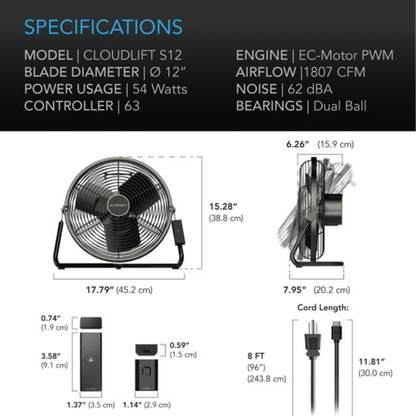 AC Infinity Cloudlift S-Series S-12 Fan specifications