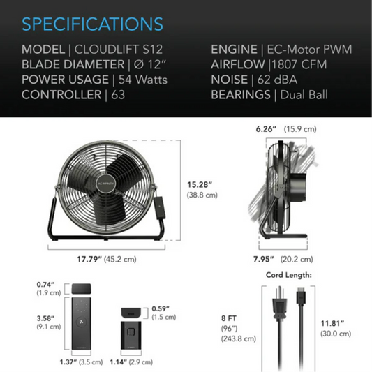 AC Infinity Cloudlift S-Series S-12 Fan specifications