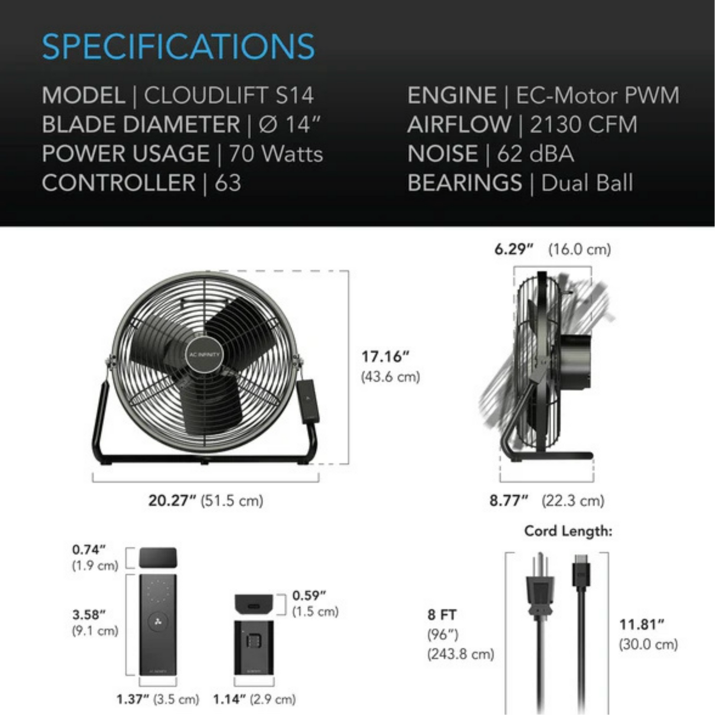 AC Infinity Cloudlift S-Series S-14 Fan specifications