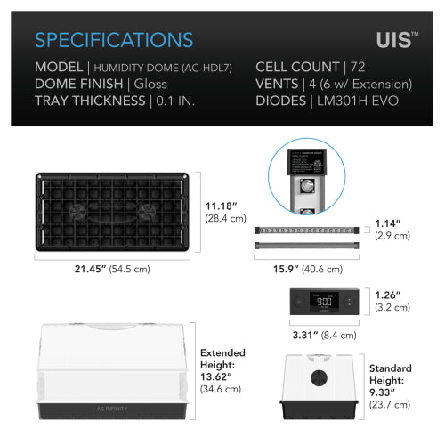 AC Infinity Humidity Dome Germination Kit with LED Grow 6 x 12 - specifications
