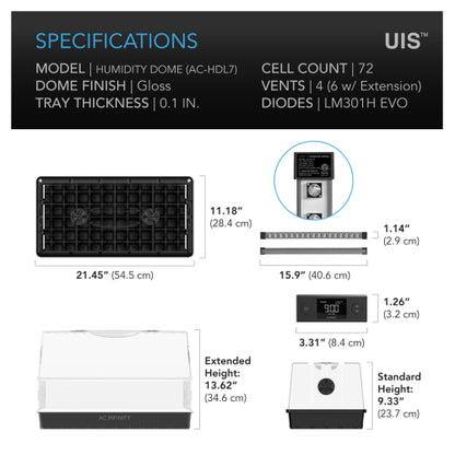 AC Infinity Humidity Dome Germination Kit with LED Grow 6 x 12 - specifications