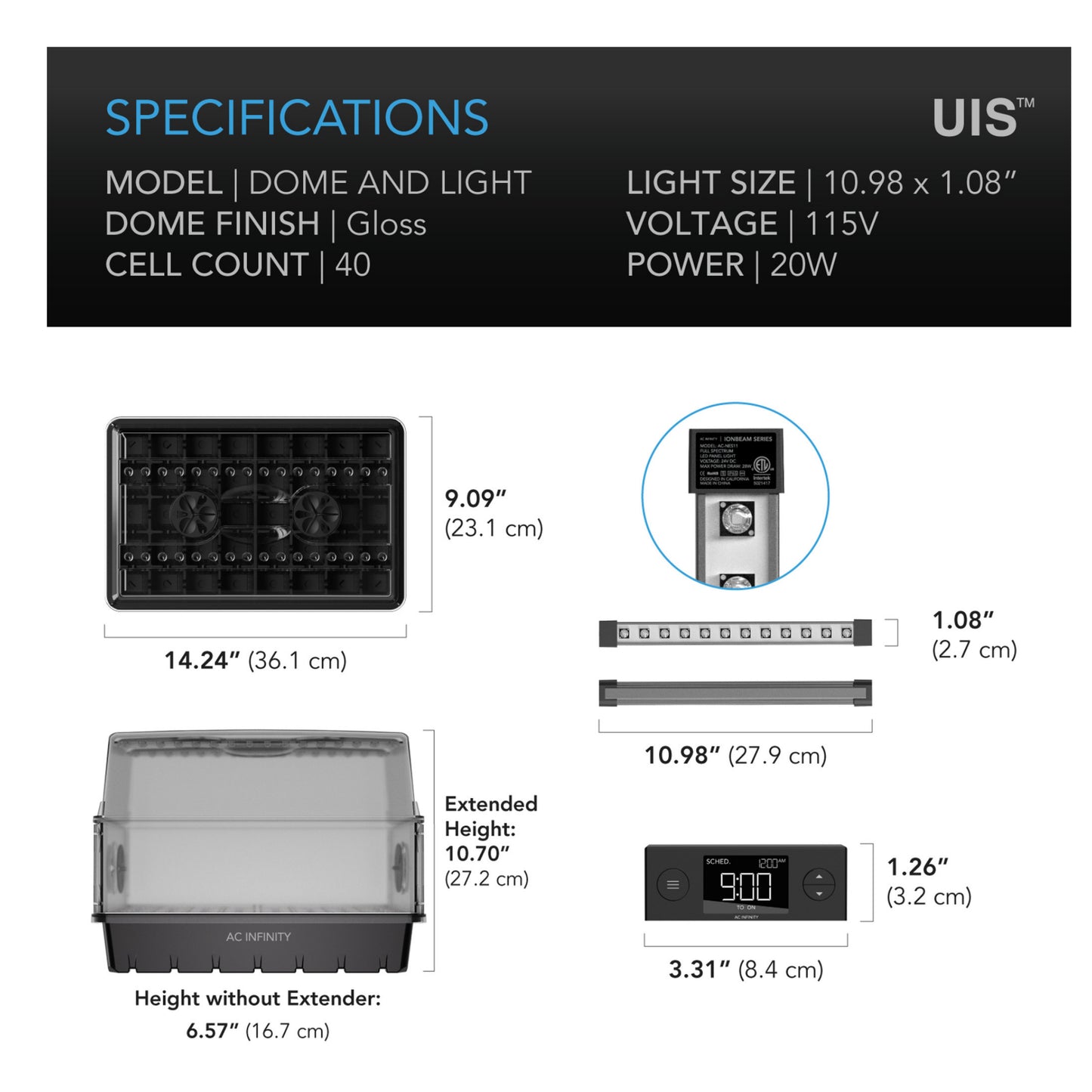 AC Infinity Humidity Dome, Germination Kit with LED Grow Light  - specifications