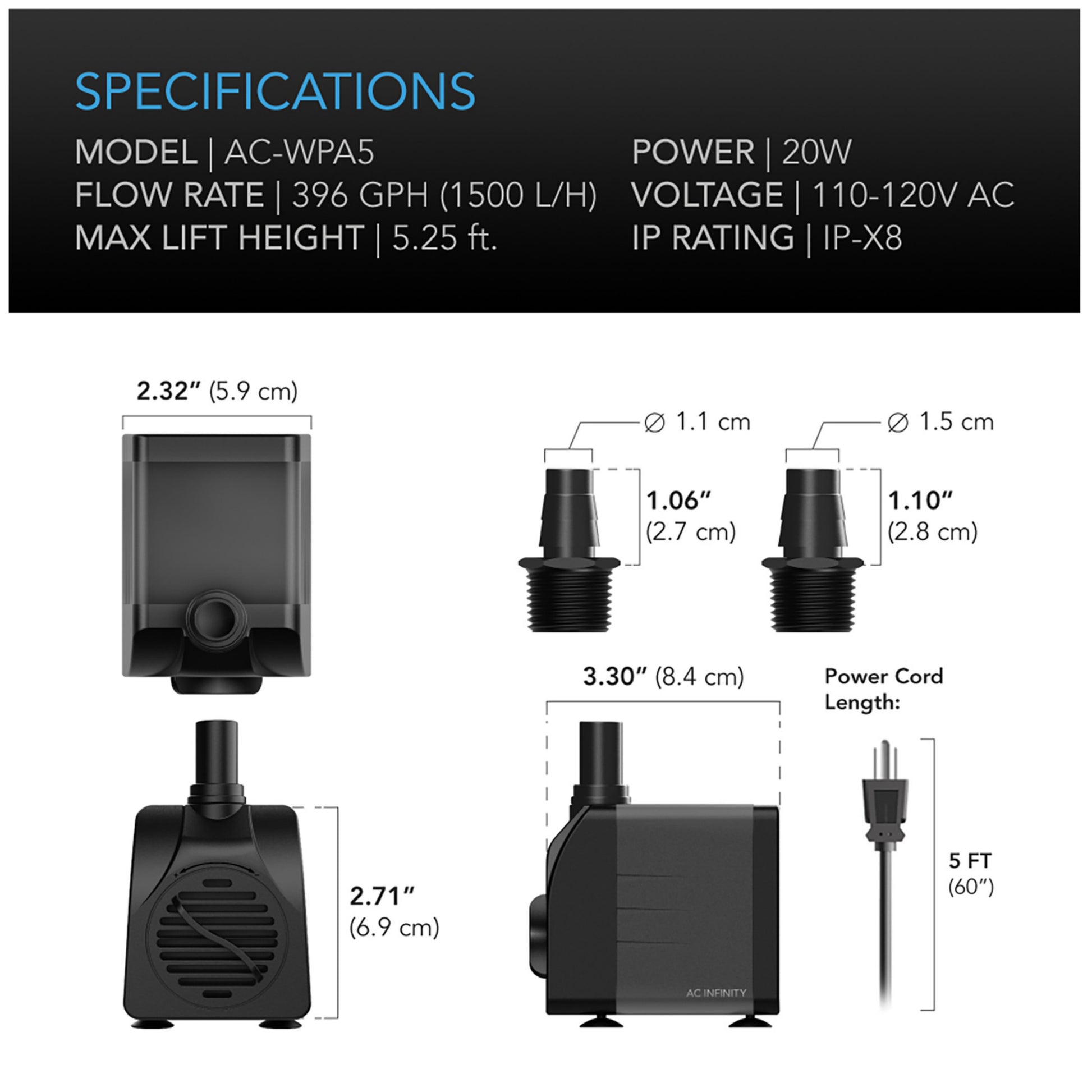 AC Infinity Submersible Water Pump 396 GPH