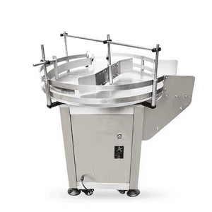 Shanghai Yimu Machinery variable-speed rotary bottle accumulation table for a round-bottle labeling line.